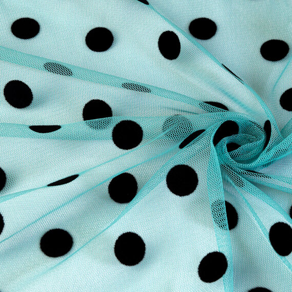 Тканина сітка стрейч Горох з флоком бірюзово чорна, фото 2 Тканина сітка стрейч Горох з флоком бірюзово чорна, фото 2