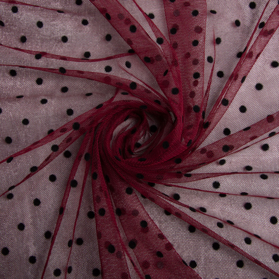 Stretch mesh fabric Peas with flock дрібна бордо, фото 1