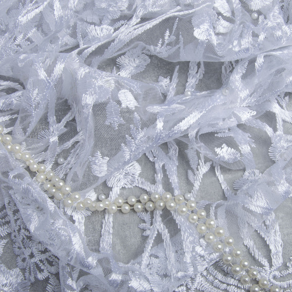 Тканина сітка вишивка з перлинами Лія біла, фото 3