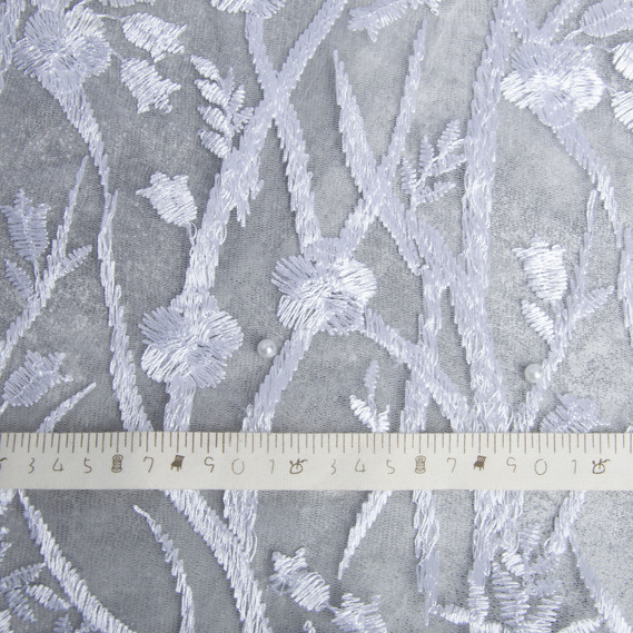 Тканина сітка вишивка з перлинами Лія біла, фото 4