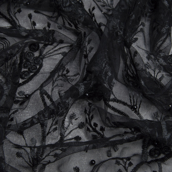 Ткань сетка вышивка с жемчужинами Лола чорна, фото 2