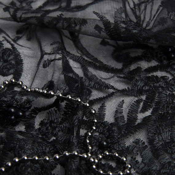 Ткань сетка вышивка с жемчужинами Лола чорна, фото 3