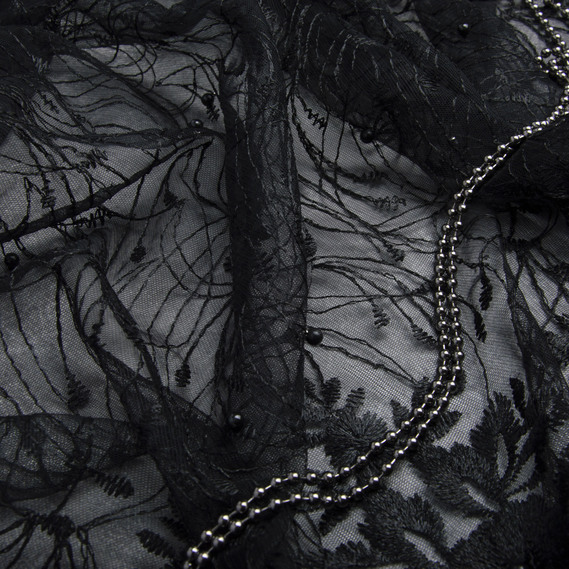 Ткань сетка вышивка с жемчужинами Тея чорна, фото 3