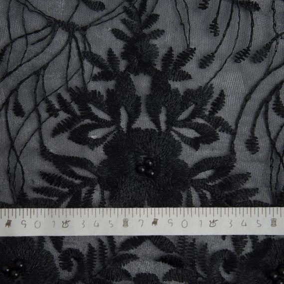 Ткань сетка вышивка с жемчужинами Тея чорна, фото 4