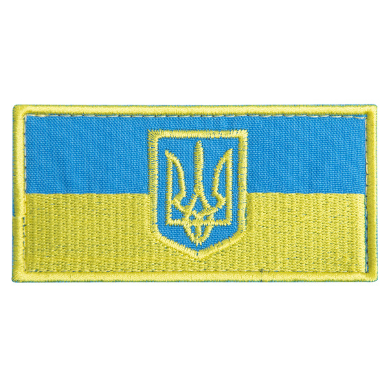 Шеврон нашивка на липучці Прапор України з Тризубом польова версія, вишитий патч 5х10,5 см жовто/блакит, фото 1
