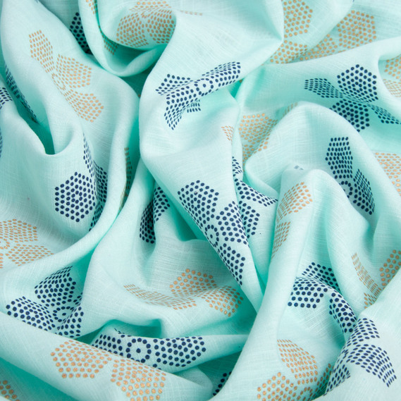 Тканина костюмна імітація льну з напиленням квітка бірюза, фото 3