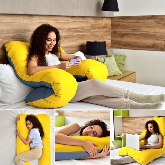 Подушка П-форми IDEIA 140х75х20 см U-shape для вагітних, реабілітації та щоденного комфорту, з наволочкою на блискавці, антиалергенна жовто/блакитна, фото 5