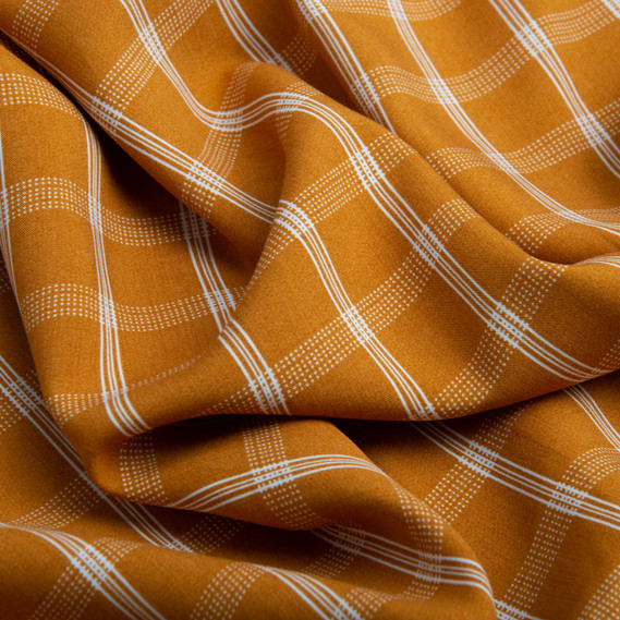 Ткань плательная штапель вискоза, плательная ткань натуральная, для блузок, платьев, юбок клітина гірчиця, фото 2