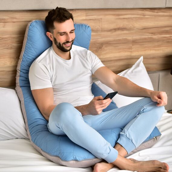 Подушка П-подібна IDEIA 140х75х20 см U-shape для вагітних, реабілітації та щоденного комфорту, з наволочкою на блискавці, антиалергенна, зі стібкою джинс/св.сіра, фото 1