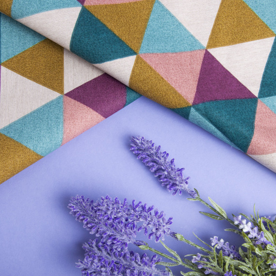 Тканина декоративна Трикутники бавовна з водовідштовхувальним просоченням для скатертин, штор, декору V-1 сіра бордо жовта, фото 4