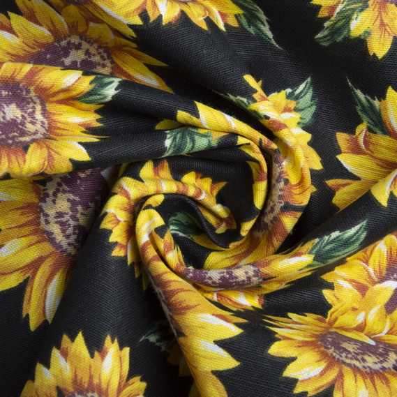Тканина декоративна бавовна з водовідштовхувальним просоченням, для скатертин, штор, декору соняшник чорна, фото 1