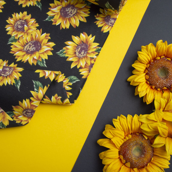 Тканина декоративна бавовна з водовідштовхувальним просоченням, для скатертин, штор, декору соняшник чорна, фото 4