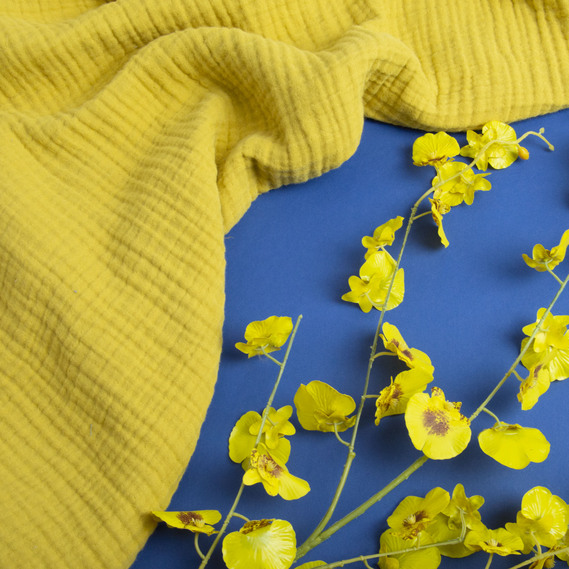 Ткань хлопок плательная Муслин 250 см, 210 гр/м2  4-х слойный для платьев, блузок, юбок, халатов, костюмов гірчиця, фото 3