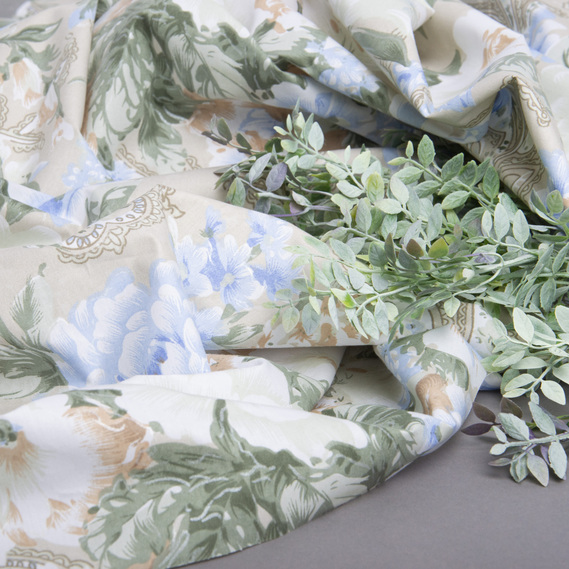 Ткань Тик для постельного белья 2,2 м 100050 Квіти молоко блакитний, фото 3