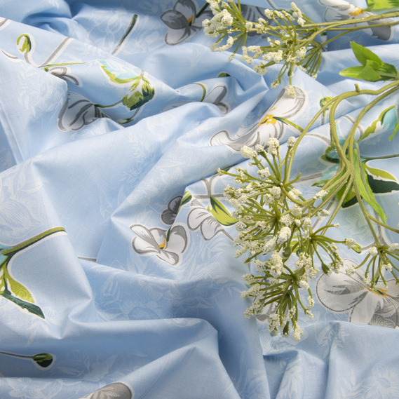 Тканина Тік для постільної білизни 2,2 м D022 Суцвіття блакитне, фото 3