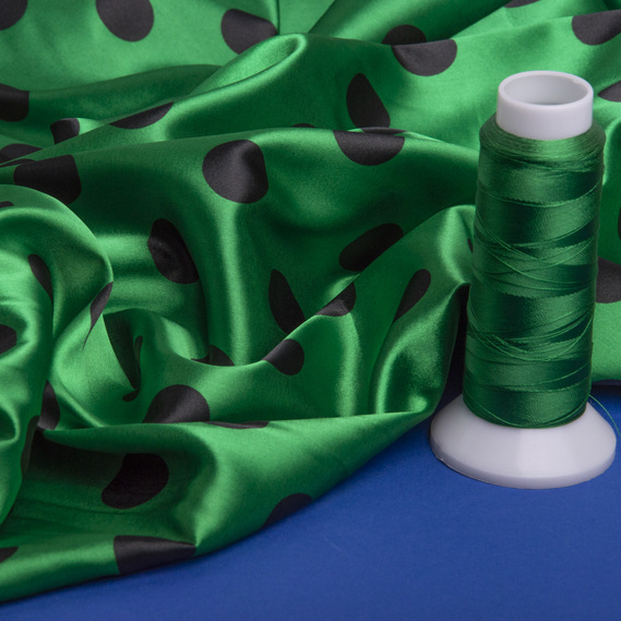 Ткань плательная атлас Горохи велик.зелений, фото 3