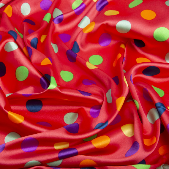 Ткань плательная атлас Горохи корал різнокольорова, фото 1