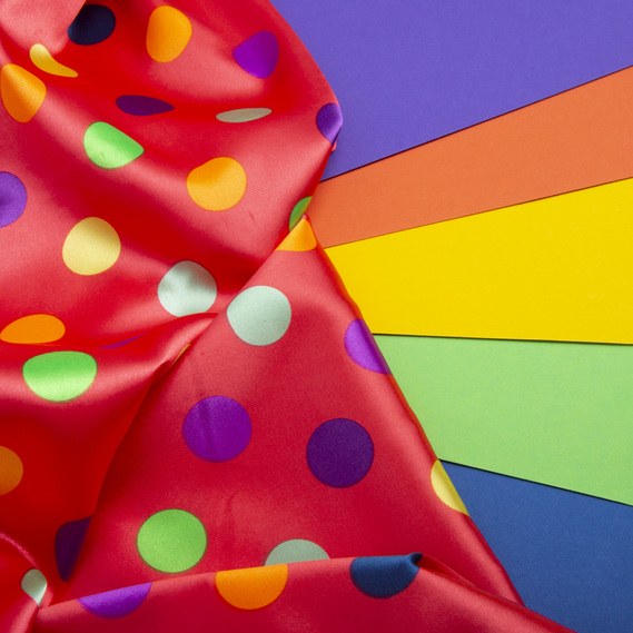 Ткань плательная атлас Горохи корал різнокольорова, фото 2