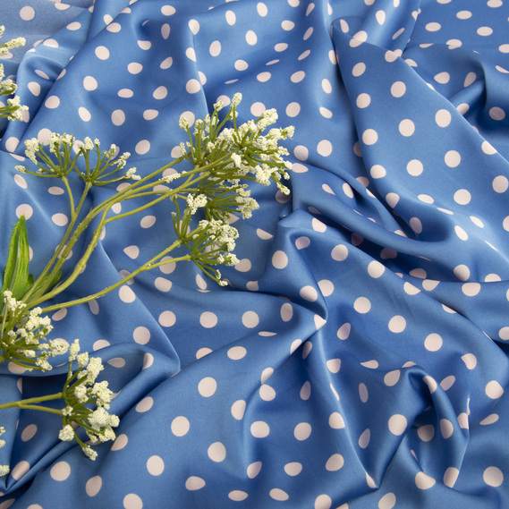 Тканина плательная атлас шовк Горошок білий на блак, фото 3