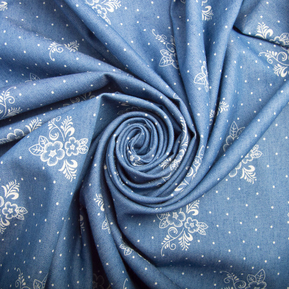 Patterned denim fabric букет блакитний, фото 1 Patterned denim fabric букет блакитний, фото 1