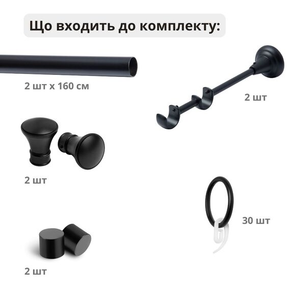 The cornice is ready-made, complete with double (set), rod 160 cm d19 mm black, фото 2