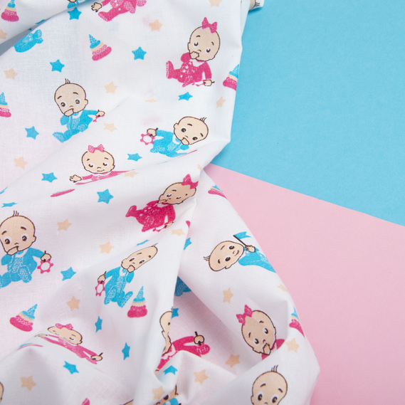 Тканина ситець дитячий Малюки блакитно/рожеві, фото 2