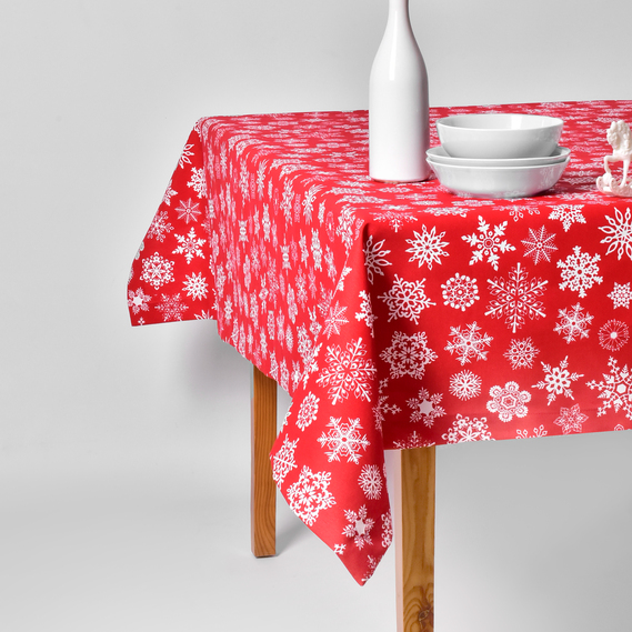 Скатерть Новогодняя 170х260 см с водоотталкивающей пропиткой праздничная хлопок сніжинка на червоному, фото 1