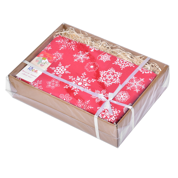 Скатерть Новогодняя 170х260 см с водоотталкивающей пропиткой праздничная хлопок сніжинка на червоному, фото 2