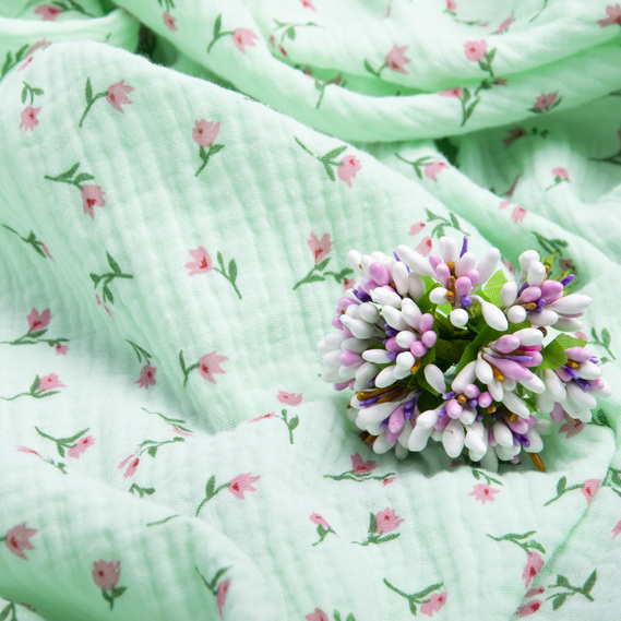 Тканина бавовняна платтяна Муслін двошарова 140 см, 120 г/м2 для суконь, блузок, спідниць, халатів, костюмів тюльпан м`ята, фото 3 Тканина бавовняна платтяна Муслін двошарова 140 см, 120 г/м2 для суконь, блузок, спідниць, халатів, костюмів тюльпан м`ята, фото 3