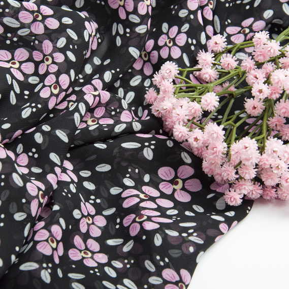 Тканина плательна шифон Марічка чорно/бузок, фото 3