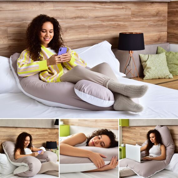 Подушка П-форма IDEIA 140х75х20 см U-shape для беременных, реабилитации и повседневного комфорта с наволочкой на молнии, антиалергенная пудра/св.сіра, фото 2