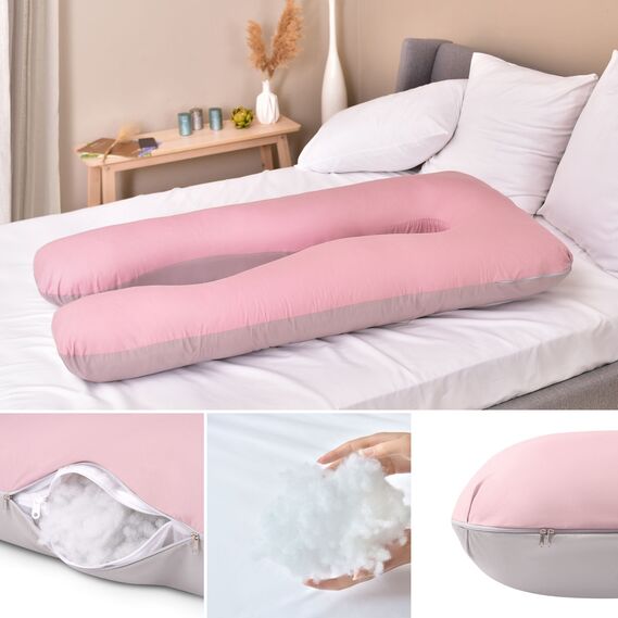 Подушка П-форма IDEIA 140х75х20 см U-shape для беременных, реабилитации и повседневного комфорта с наволочкой на молнии, антиалергенная пудра/св.сіра, фото 3