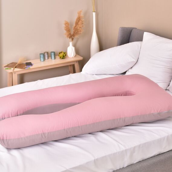 Подушка П-форма IDEIA 140х75х20 см U-shape для беременных, реабилитации и повседневного комфорта с наволочкой на молнии, антиалергенная пудра/св.сіра, фото 11