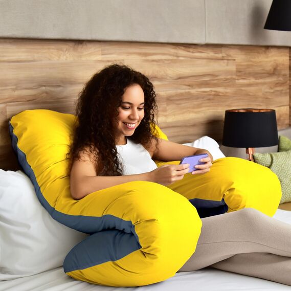 Наволочка на П-подушку для беременных и отдыха 140х75х20 см с молнией жовта/джинс, фото 6