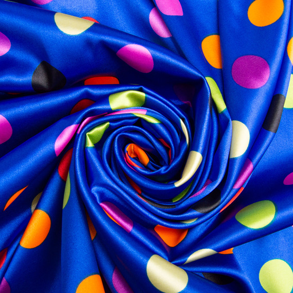 Тканина плательная атлас Горохи електрик різнокольорова, фото 1