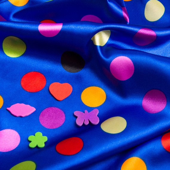 Тканина плательная атлас Горохи електрик різнокольорова, фото 2