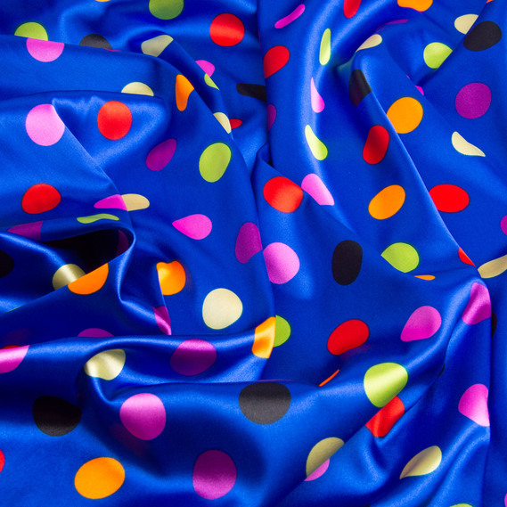 Тканина плательная атлас Горохи електрик різнокольорова, фото 3