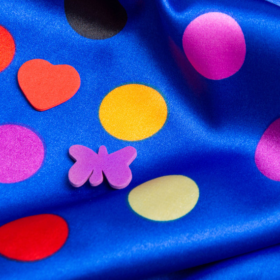 Тканина плательная атлас Горохи електрик різнокольорова, фото 4