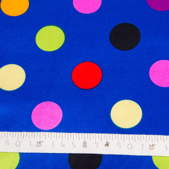 Тканина плательная атлас Горохи електрик різнокольорова, фото 5