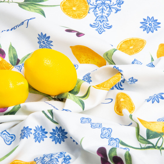 Тканина декоративна Прем`єр Лимони та оливки з водовідштовхувальним просоченням біла, фото 4