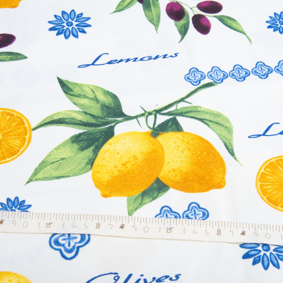 Тканина декоративна Прем`єр Лимони та оливки з водовідштовхувальним просоченням біла, фото 5