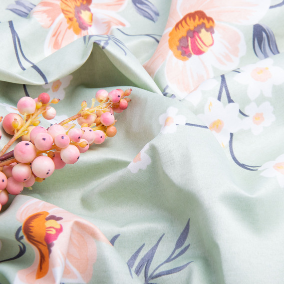 Тканина декоративна Прем`єр Сатин Квіти бавовна з водовідштовхувальним просоченням для скатертин, штор, декору м’ята , фото 4