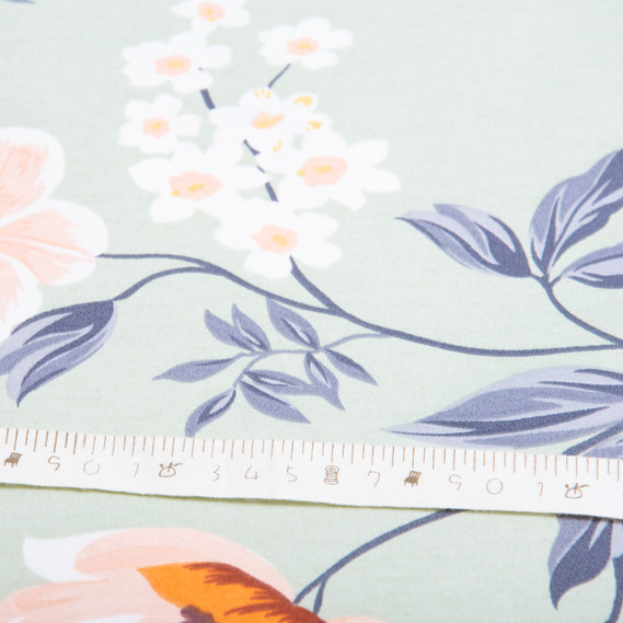 Тканина декоративна Прем`єр Сатин Квіти бавовна з водовідштовхувальним просоченням для скатертин, штор, декору м’ята , фото 5
