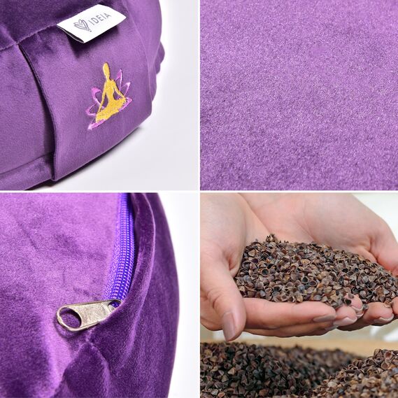 Подушка Болстер для йоги и медитации IDEIA с гречневой шелухой, йога, гречневая шелуха, гречиха 46х25х10 см, велюрова фіолет, фото 4