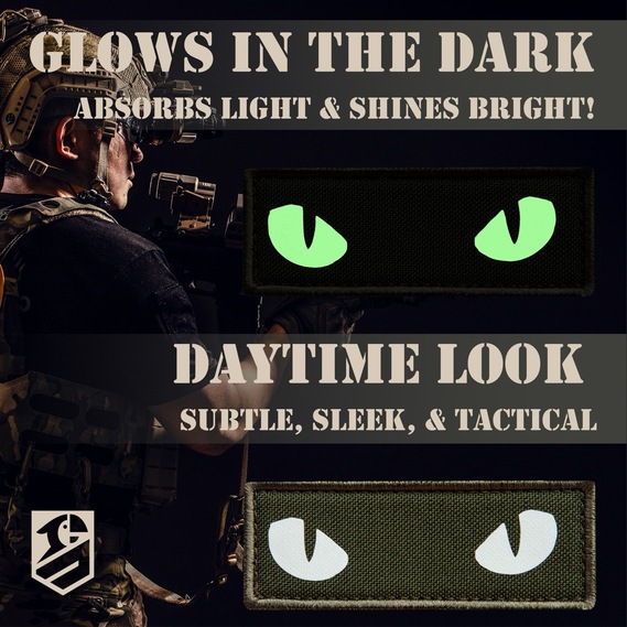 Набор шевронов 2 шт с липучкой Кошачьи глаза, Cat eyes светящиеся в темноте 7х2,2 см, люминесцентний патч нашивка, фото 4