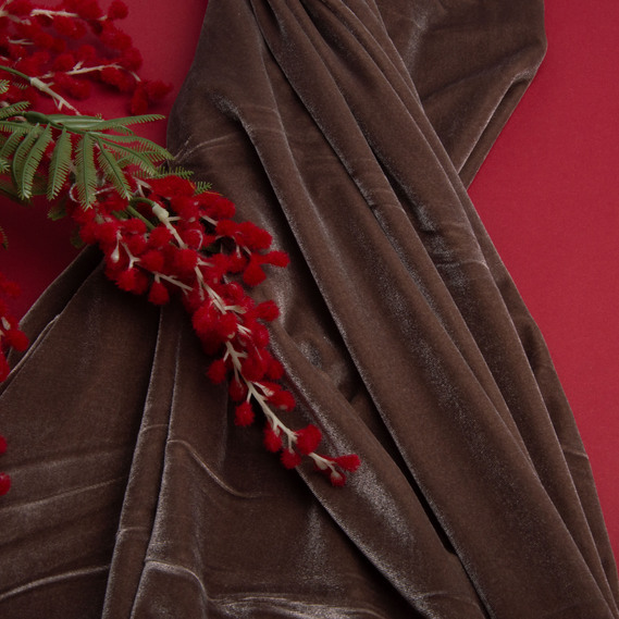 Ткань костюмная бархатная, бархат, блестящая ткань плательная стрейчевая 300 гр/м2 т/беж, фото 3