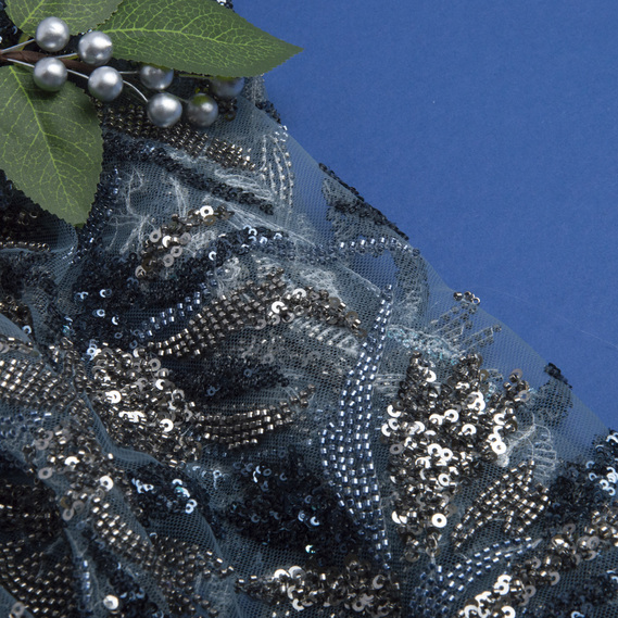 Guipure beads fabric Milan, fancy fabric, evening dress fabric, shiny fabric денім, фото 3