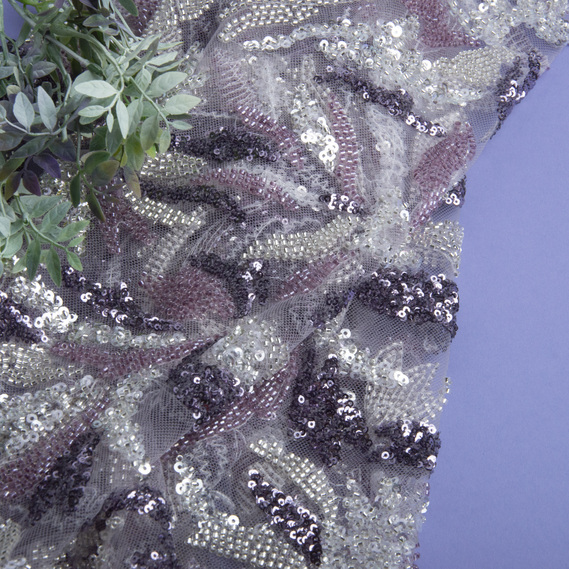 Ткань гипюр бисер Милан, нарядная ткань, ткань для вечерних платьев, блестящая ткань лілова, фото 3 Ткань гипюр бисер Милан, нарядная ткань, ткань для вечерних платьев, блестящая ткань лілова, фото 3