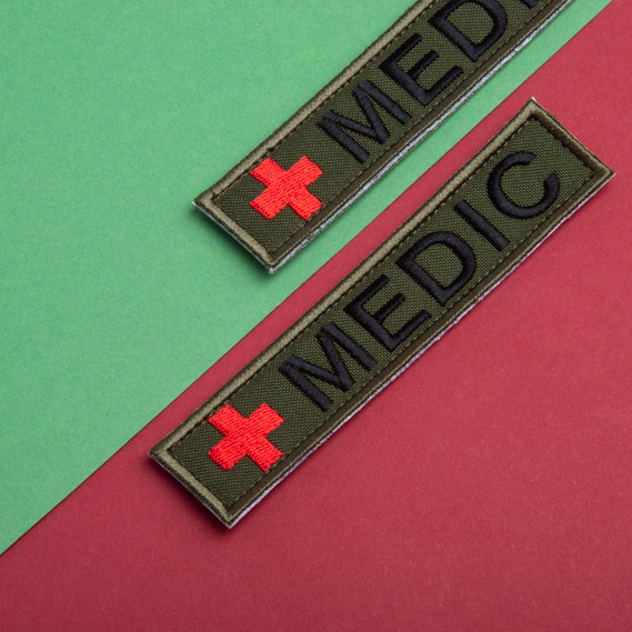 Набор шевронов 2 шт на липучкой планке MEDIC хаки 2,5х12 см, шевронная нашивка медика, медицинский, медик, фото 5