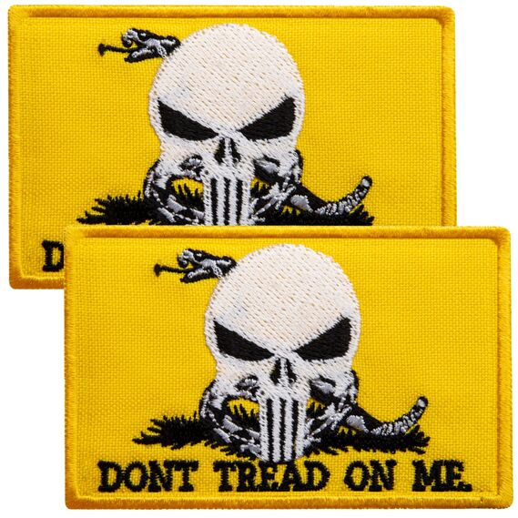 Набор шевронов 2 шт с липучкой Змея Череп карателя, Don`t Tread On Me, Punisher, желтый вышитый патч шеврон нашивка, липучка, 5х8 см, фото 1